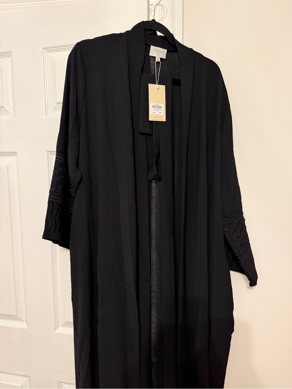 Veiled Abaya - Embroidered Sleeve, Black. New with tags. Medium.
